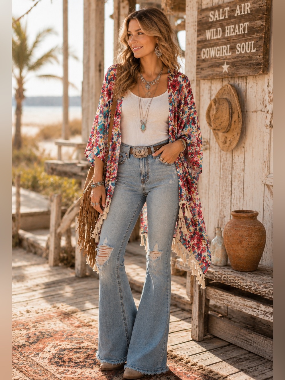Umgee Floral Kimono Cardigan Boho Open Front S/M Colorful Boutique